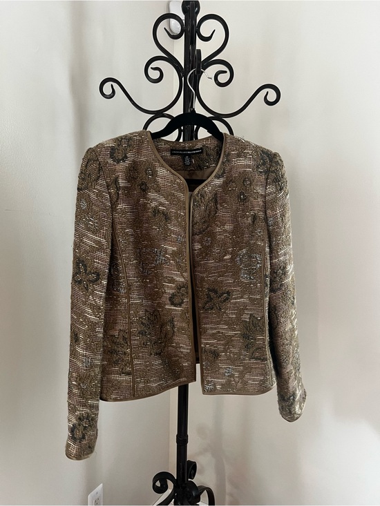 Ellen Tracy Jackets & Blazers - Ellen Tracy Metallic Tweed Floral-Embellished Jacket - Taupe
